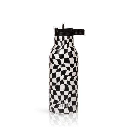 Reusable water bottle with a black-and-white checkered pattern and a black flip cap, standing upright with a subtle 'eco life' logo near the base.
