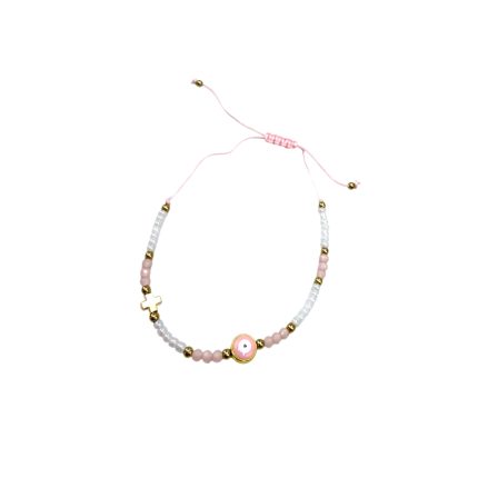 Adjustable beaded bracelet with pink and white beads, gold accents, a small cross charm, and a pink central bead.