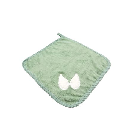 Mint green square washcloth with a white angel-wing embroidery in the center, decorative and soft.