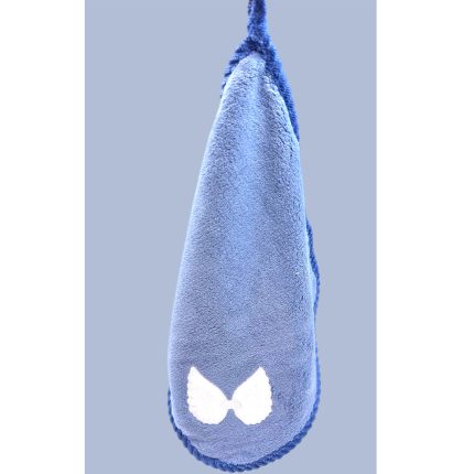 Blue plush slipper with a white bow on the toe and braided trim along the edge