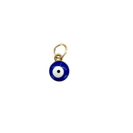 Gold ring with a small blue circular evil-eye charm (white center, black pupil) hanging from it.