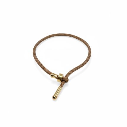 Brown braided cord bracelet with a gold metal clasp and toggle end.