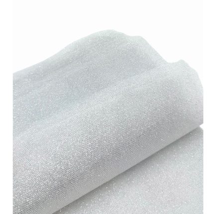 Roll of shimmering silver fabric with a fine glittery texture on a white backdrop