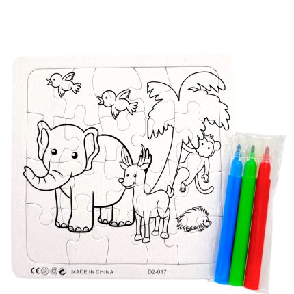 Line-drawing animal puzzle page with an elephant, a deer, a monkey, and a hedgehog, plus four colored markers beside it.