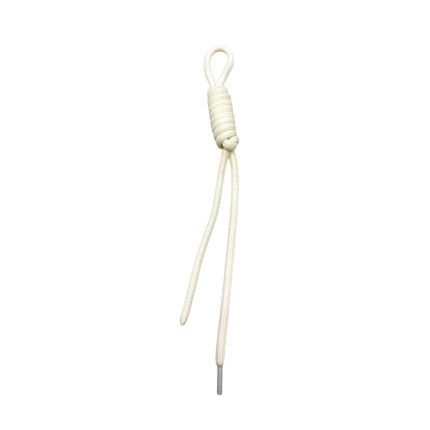 White rope with a loop at the top and a knotted center, two loose ends hanging down.