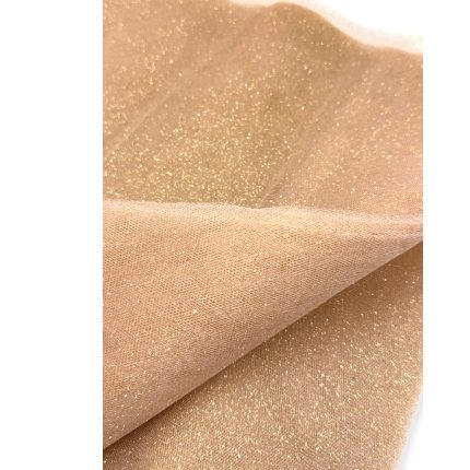 Close-up of shimmery rose-gold fabric with glittery specks and a sheer overlay.
