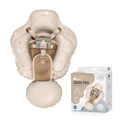 Beige inflatable baby float with safety harness and leg floats, shown with packaging reading SIPO Swim Pro for ages 6–36 months.