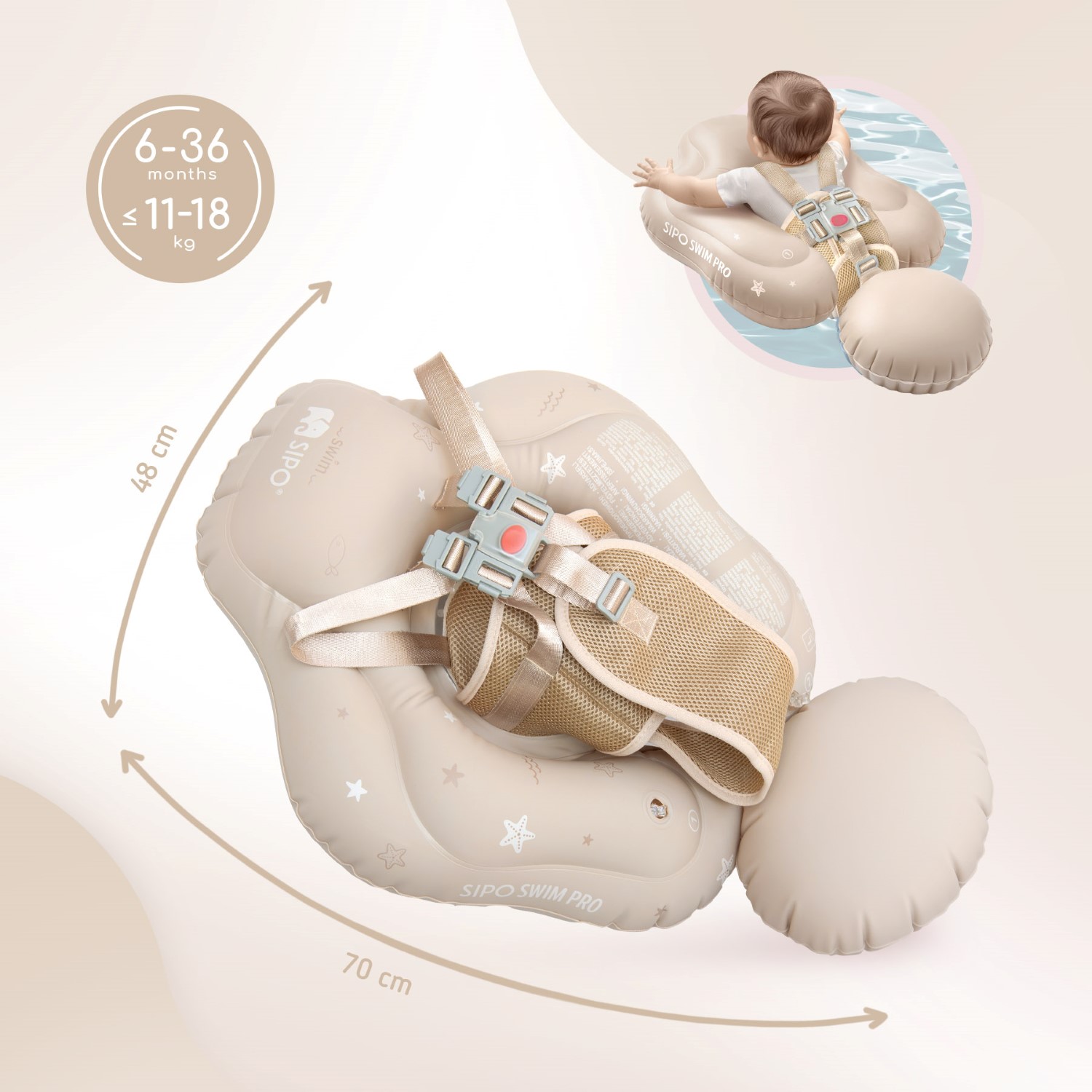 SIPO_SWM102TR_5904717761764_02 | La Vie en Rose Beige infant swim float with safety harness labeled SIPO SWIM PRO, size 6–36 months and 11–18 kg max. Armani-like background. (informative image)