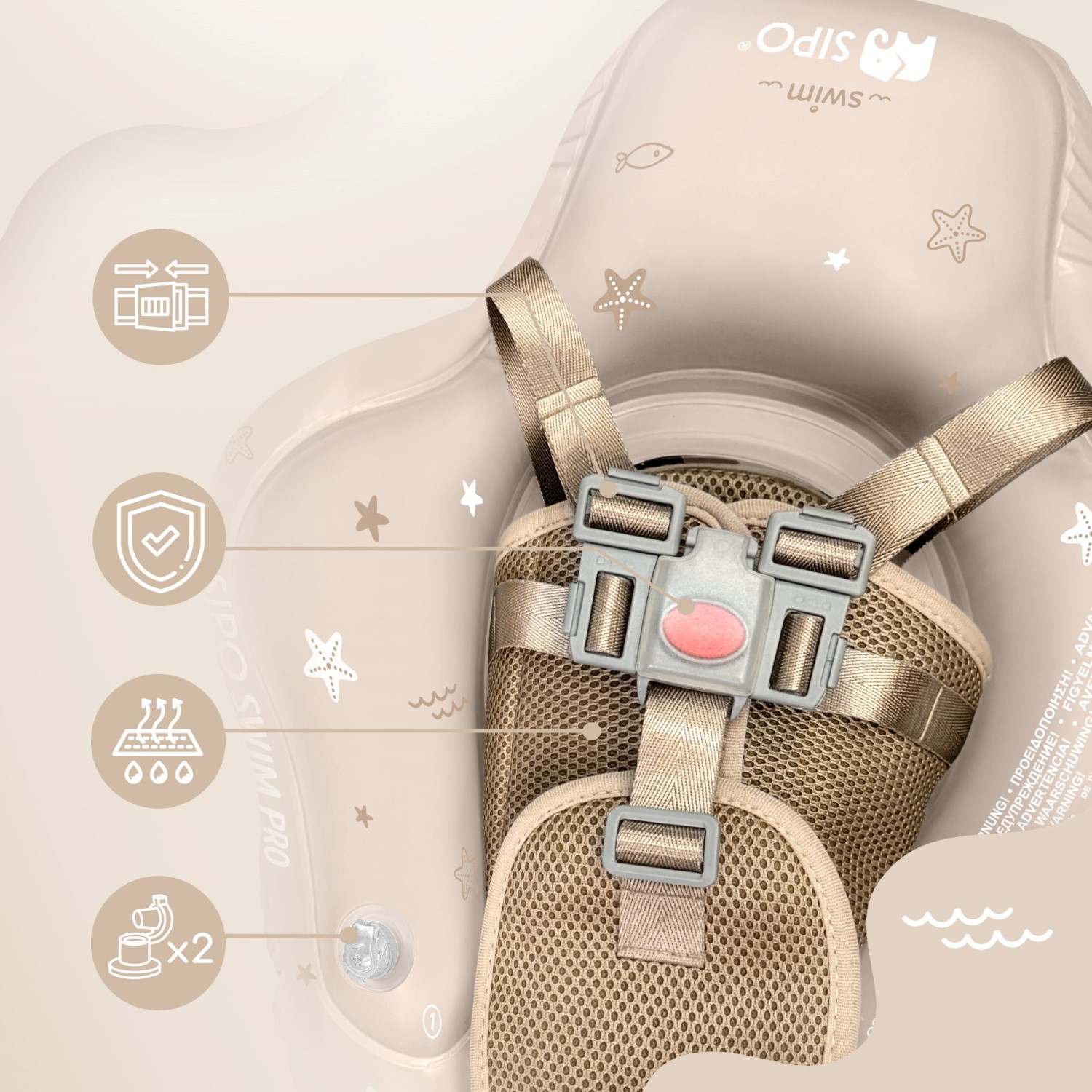 SIPO_SWM102TR_5904717761764_03 | La Vie en Rose Beige inflatable life jacket with woven straps and buckles, shown with overlapping infographic icons for safety features.