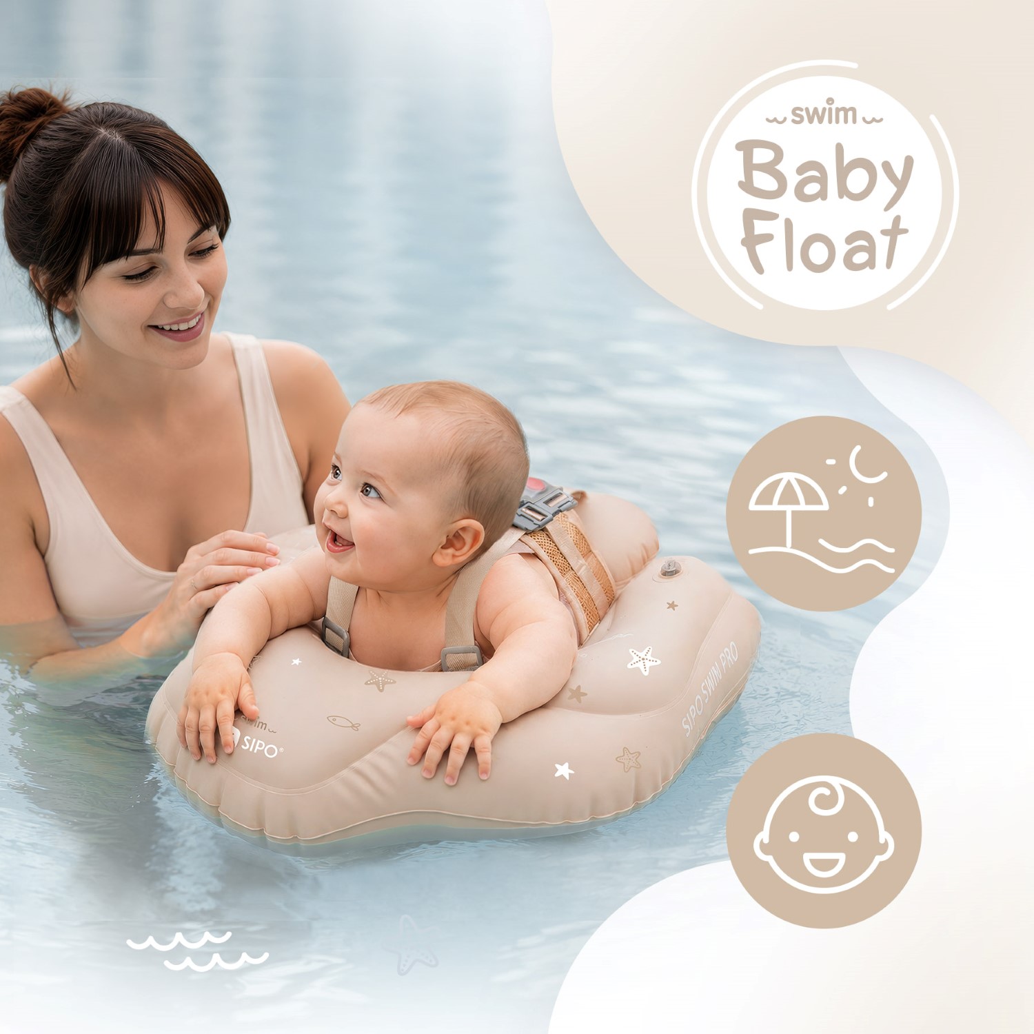 SIPO_SWM102TR_5904717761764_04 | La Vie en Rose Mother smiles at her baby in a beige inflatable swim float in a pool with calm water nearby.