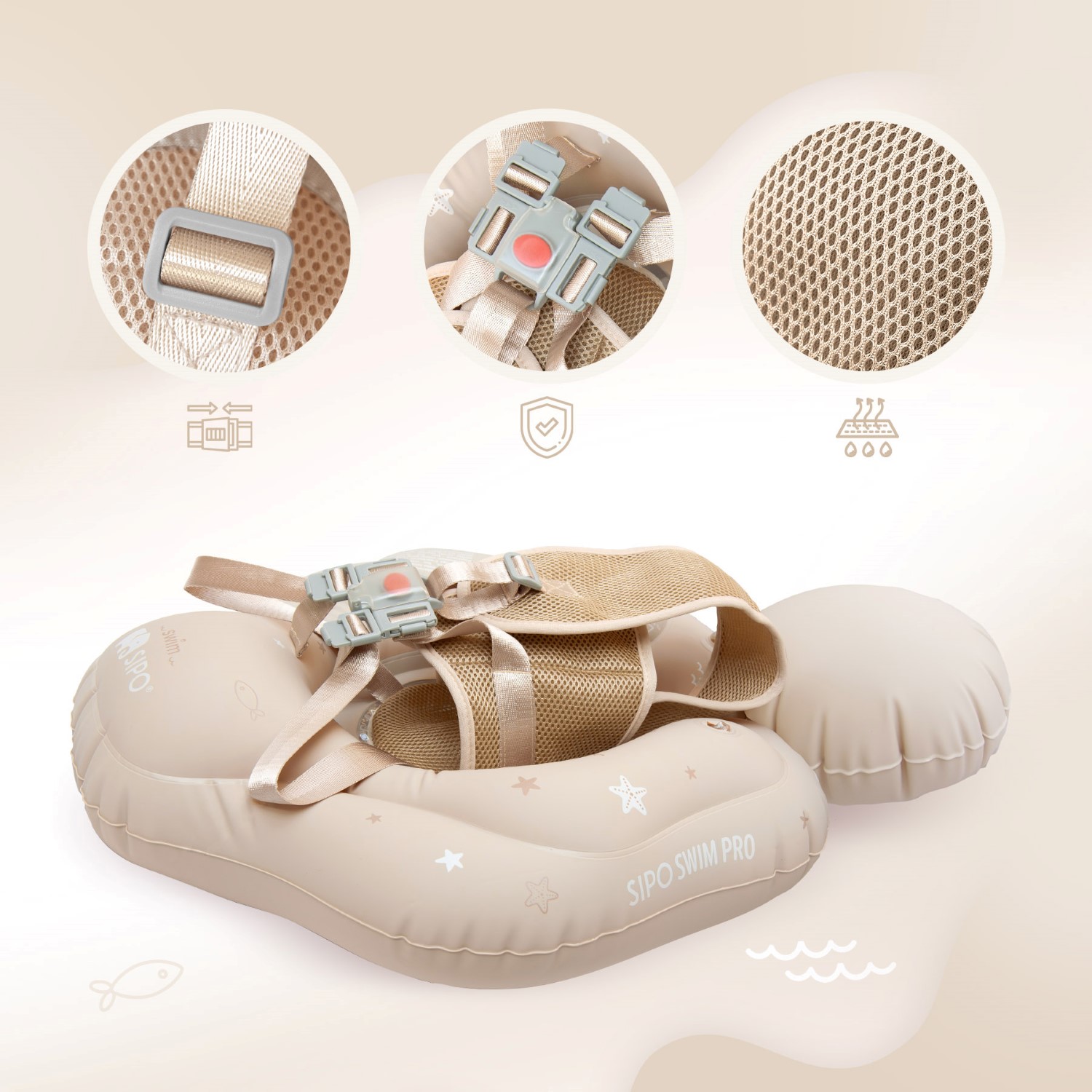 SIPO_SWM102TR_5904717761764_05 | La Vie en Rose Beige kid’s inflatable pool float with adjustable straps and buckles.