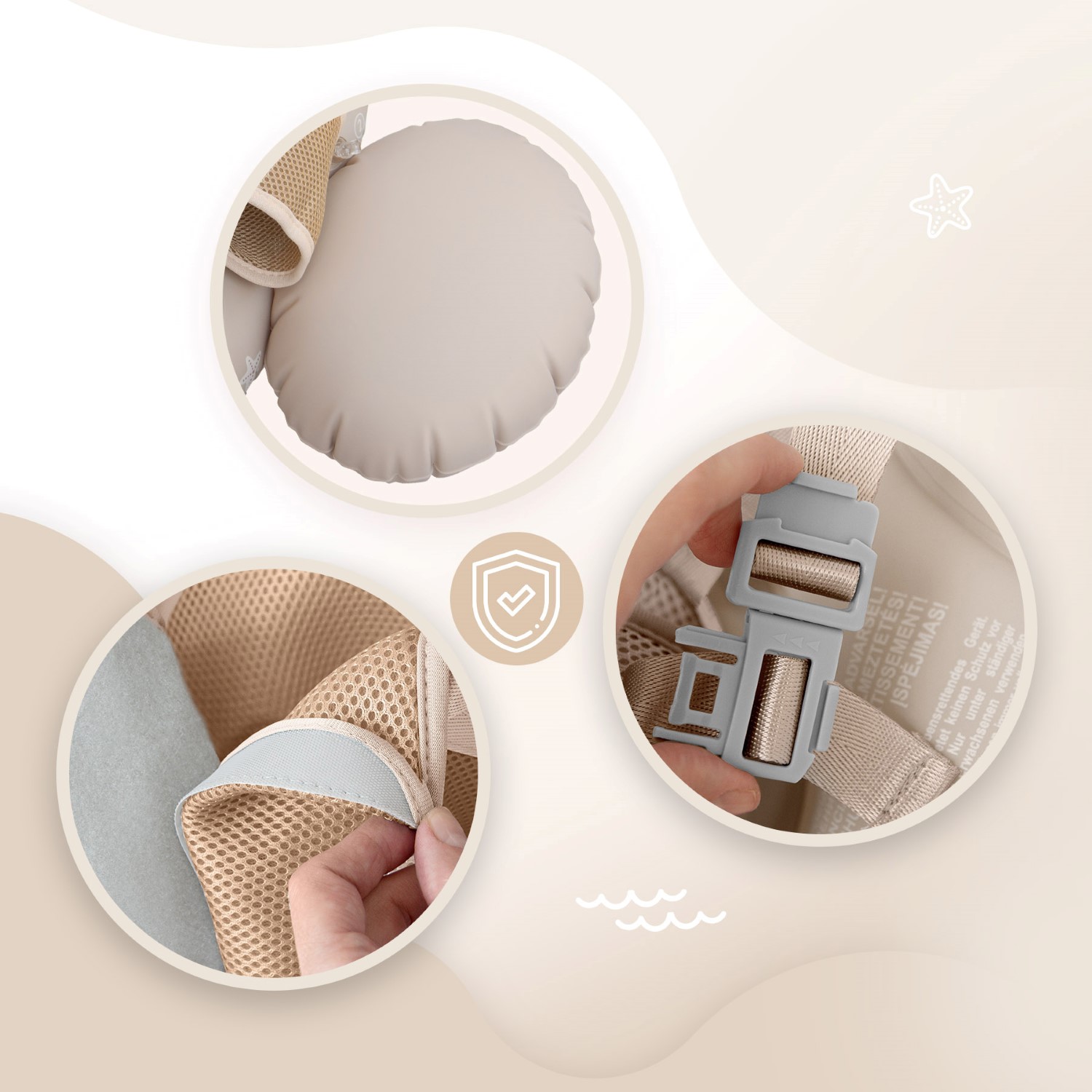 SIPO_SWM102TR_5904717761764_06 | La Vie en Rose Beige baby carrier components: cushioned seat, breathable padding, and adjustable buckle straps arranged in circular frames.
