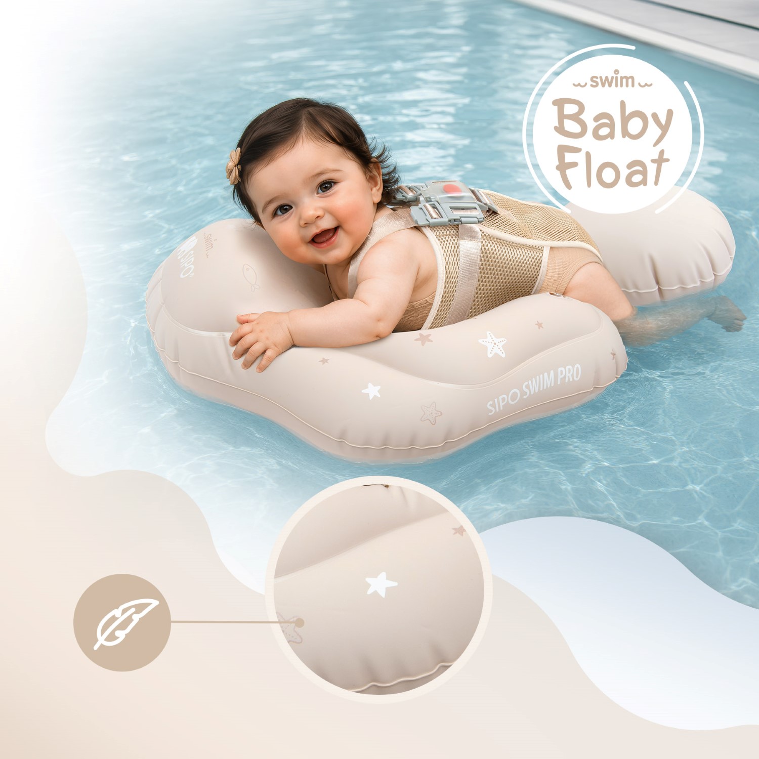 SIPO_SWM102TR_5904717761764_07 | La Vie en Rose Young baby in a beige inflatable pool float wearing a swimsuit, smiling in a blue pool; product label reads 'Baby Float' on the float.