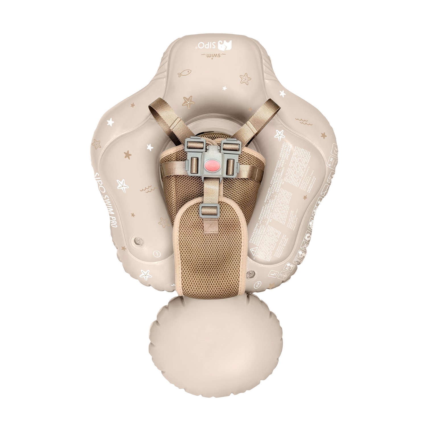SIPO_SWM102TR_5904717761764_10 | La Vie en Rose Beige inflatable child life jacket with adjustable shoulder straps, central buckle, and mesh back panel, sea-themed print