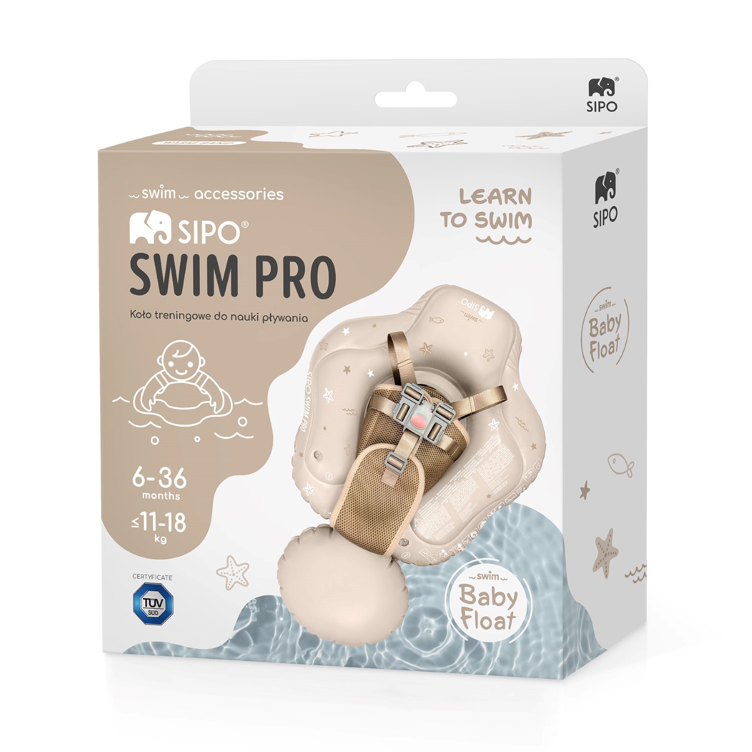SIPO_SWM102TR_5904717761764_11 | La Vie en Rose SIPO Swim Pro baby float packaging with beige inflatable and safety harness; Learn to Swim branding