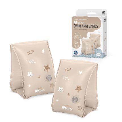 Beige inflatable swim arm bands with starfish and seaweed prints, shown beside the SIPO packaging for ages 3–6 years.