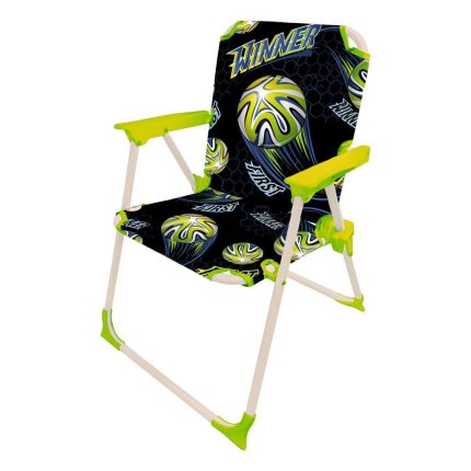 Foldable outdoor chair for kids with a black sports-themed fabric pattern and lime-green armrests and joints.