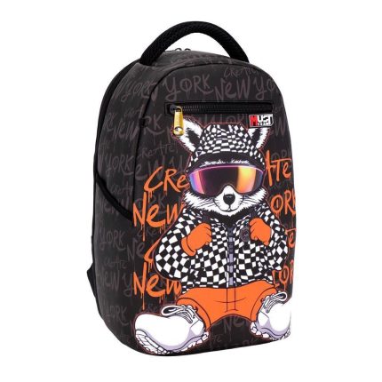 Black backpack featuring a cartoon raccoon wearing sunglasses and a checkered hoodie, with orange pants and sneakers in graffiti typography background.
