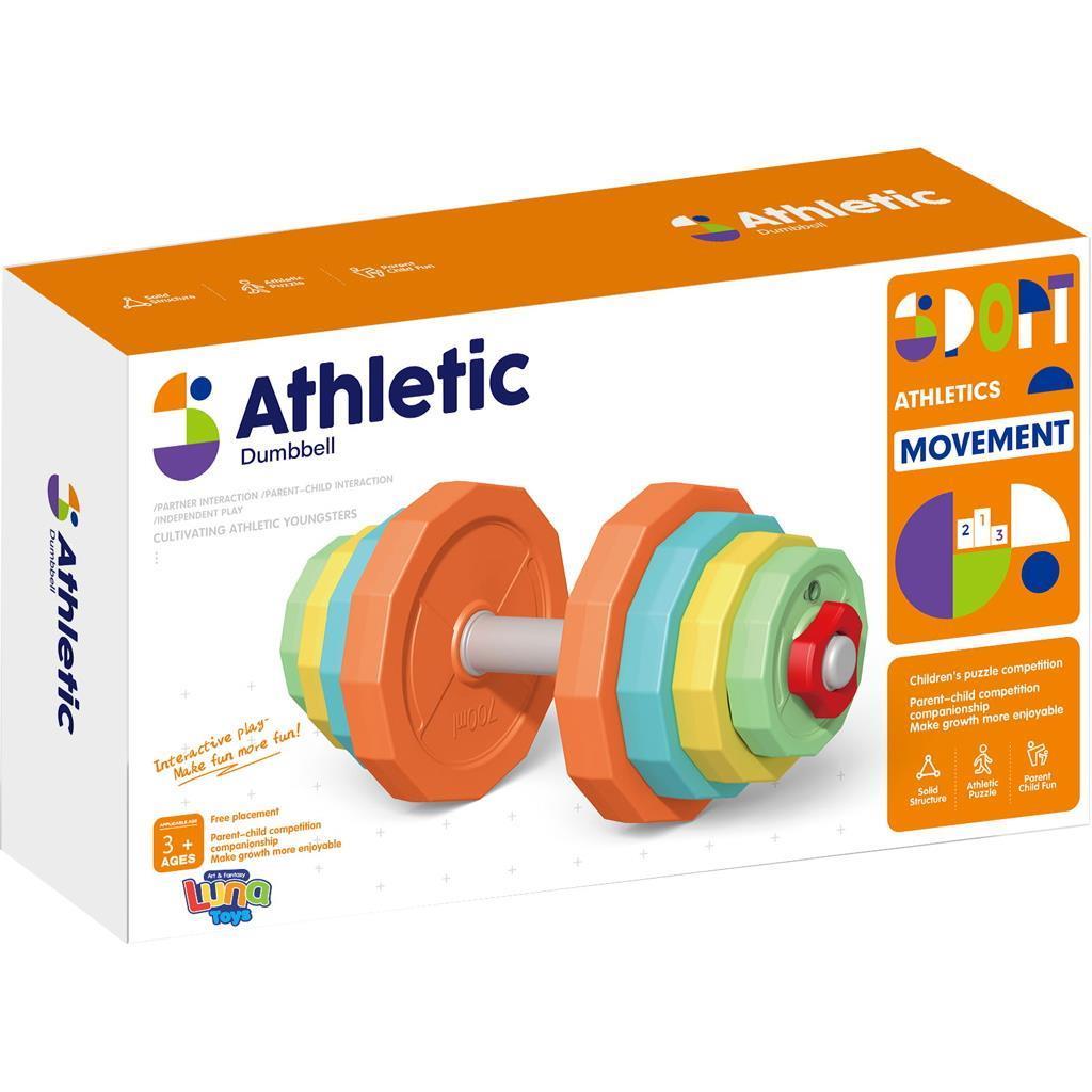 b015ca6815aa46759028ddf34c948c09 | La Vie en Rose Boxed children's toy dumbbell set with rainbow weight plates and bold 'Athletic' branding on white packaging with orange accents.
