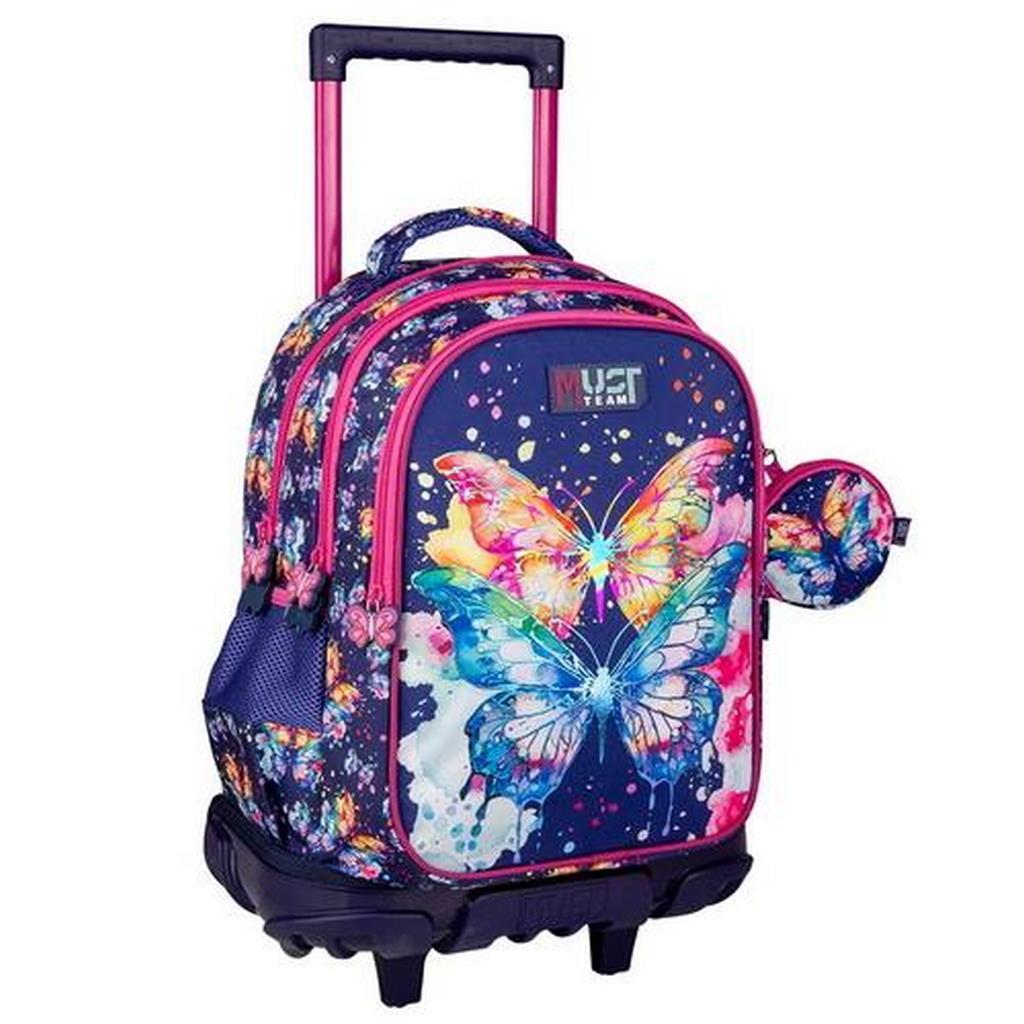 b0acbcad0aa94c0abafb622c8fe94a36 | La Vie en Rose Colorful butterfly-pattern rolling backpack with pink trim and retractable handle, small side pockets, and wheels for easy transport