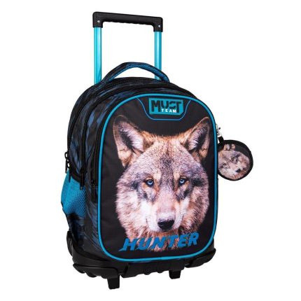 Rolling backpack for kids with a large wolf face graphic and blue trim; features a telescoping handle and wheels for transport