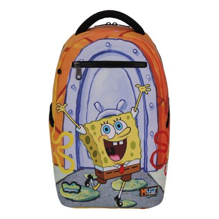 Bright orange SpongeBob SquarePants kids' backpack with a front zip pocket and black handle at the top.