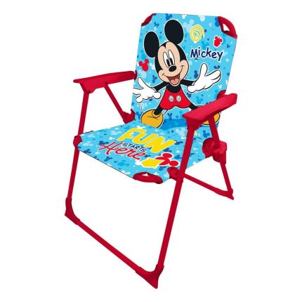 Red folding kid's chair with a blue Mickey Mouse print on the seat and back, includes the text 'Fly starts here'.
