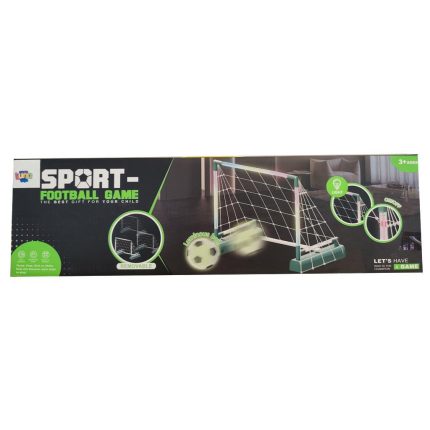 Box for a sport football game toy featuring a small goal and neon green accents on a dark background.