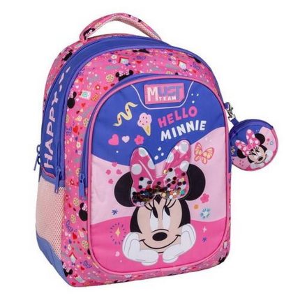 Pink and blue Minnie Mouse backpack with a matching round pouch, featuring a sparkly bow and 'Hello Minnie' design for kids.