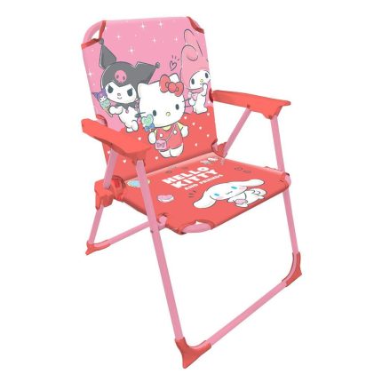 Pink folding kids' high chair with Hello Kitty and friends artwork on the backrest and seat, designed for mealtime.