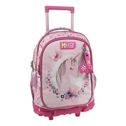 Pink rolling kids' backpack with a unicorn print, pink accents, and a telescoping handle.