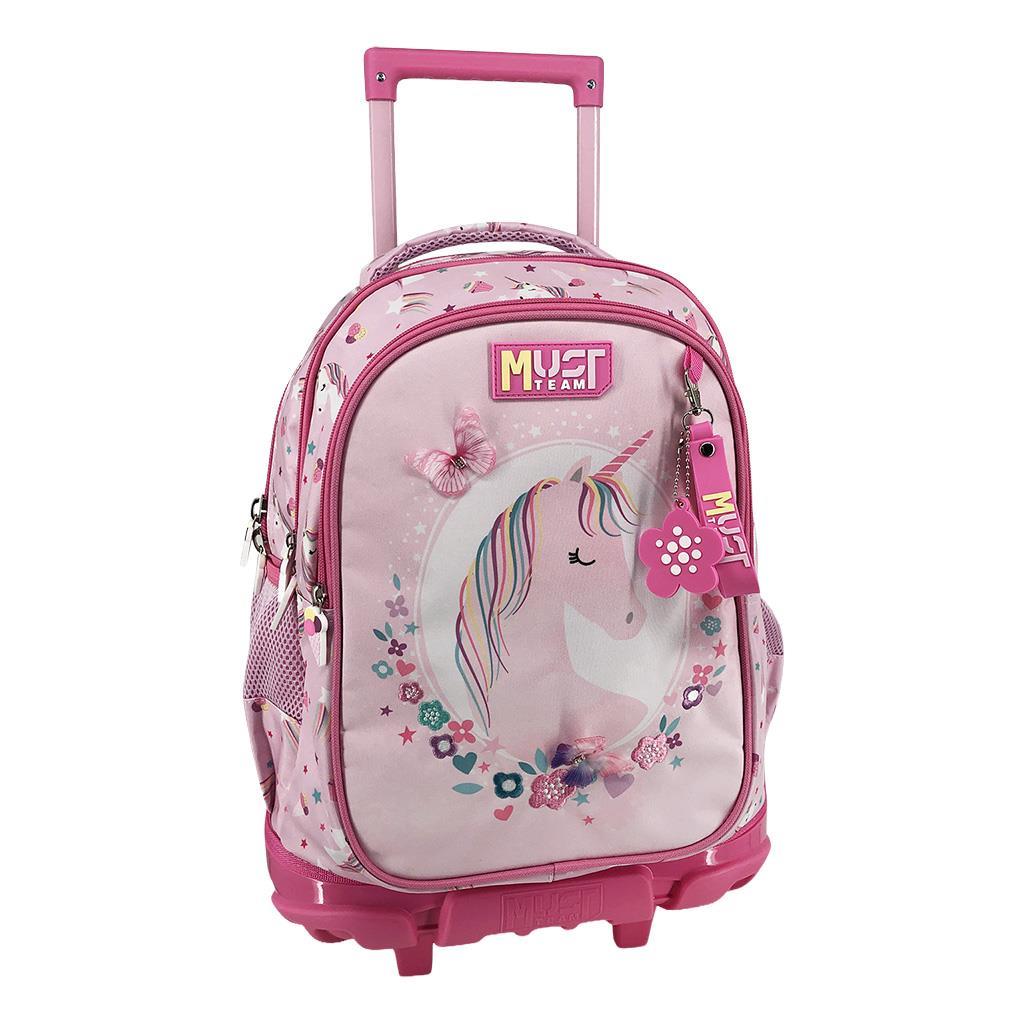 cdfaec0ee1084ed6bc5c01c6efb5df02 | La Vie en Rose Pink rolling kids' backpack with a unicorn print, pink accents, and a telescoping handle.
