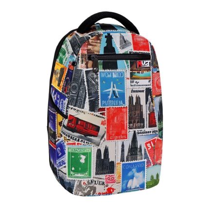 Backpack covered in a colorful collage of postage stamps and landmarks, with a front zip pocket and top handle.