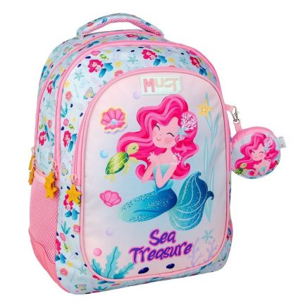 Children's backpack with a pink mermaid design and sea-themed graphics; front reads 'Sea Treasure'.