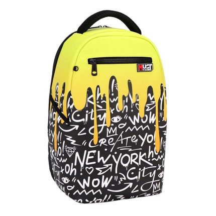 Backpack with bright yellow top dripping design and black graffiti pattern reading 'New York' and 'wow' on the body, handle at top.