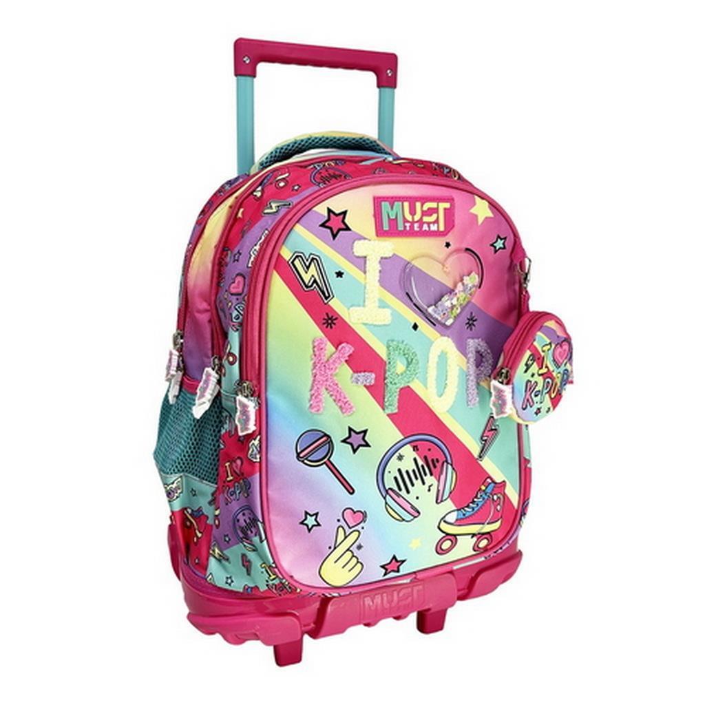 e3a71dbe807a47f896d3cc91a9f6b95a | La Vie en Rose Pink and multicolored rolling backpack for kids with extendable handle, wheels, and a small round front pouch with matching design.
