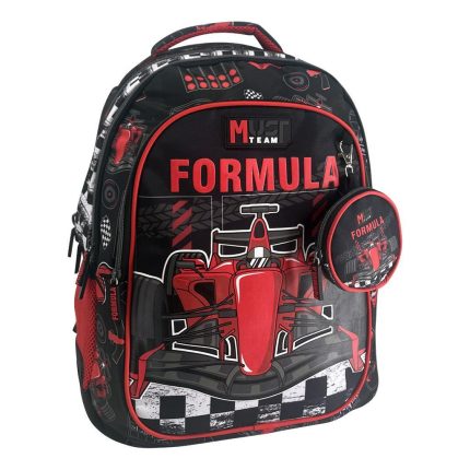 Backpack with a red Formula One car graphic and racing motifs; front pocket labeled FORMULA, round side pouch attached.