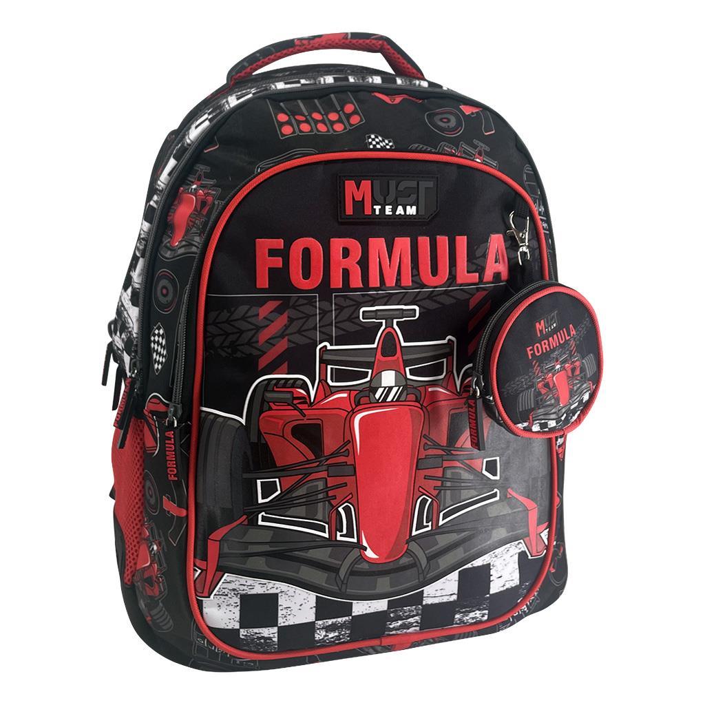 e7388250832e4b1d9b2eb9f7c50ca07d | La Vie en Rose Backpack with a red Formula One car graphic and racing motifs; front pocket labeled FORMULA, round side pouch attached.