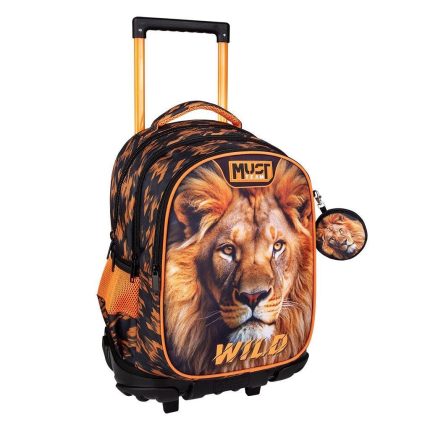 Rolling kids' backpack with a lion face print in orange and black camouflage, with an extended orange pull handle and wheels.