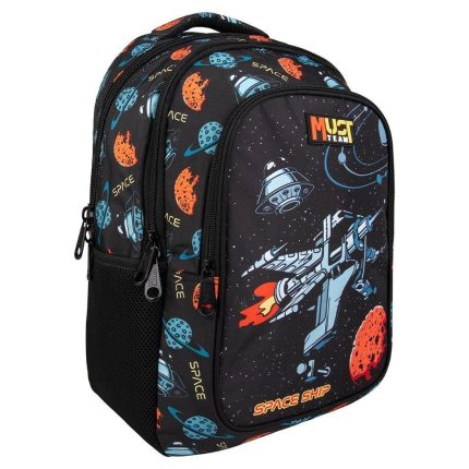 Space-themed kids' backpack with rockets, planets, and moons on a black background; front panel shows a spaceship design and the words 'Space Ship'.