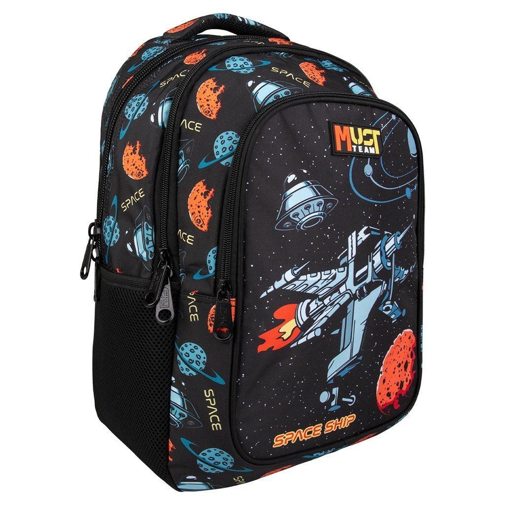 e9ac59f5cdb04e6bbbba9af2895f6572 | La Vie en Rose Space-themed kids' backpack with rockets, planets, and moons on a black background; front panel shows a spaceship design and the words 'Space Ship'.