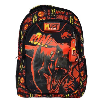 Backpack featuring a bold red and black dinosaur graphic with an orange zipper pull and repeating neon graphics around the edges (kid-friendly design).
