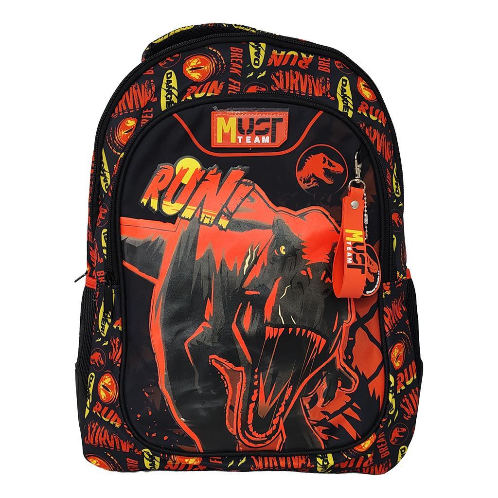 ea9e758096654bb980a8d3d7b95d5d80 | La Vie en Rose Backpack featuring a bold red and black dinosaur graphic with an orange zipper pull and repeating neon graphics around the edges (kid-friendly design).