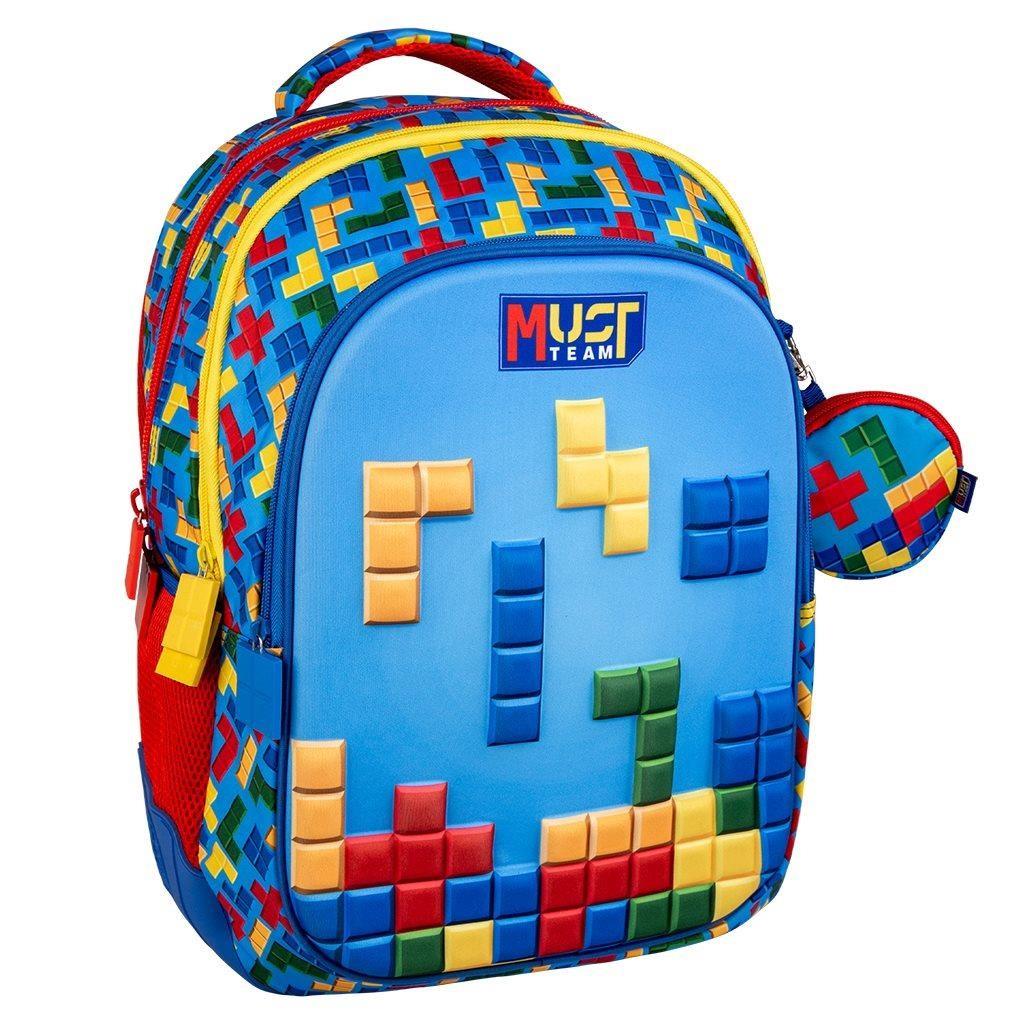 fd9f919d85d946eb8fc39feddbfaa459 | La Vie en Rose Bright blue kids' backpack with yellow Tetris-block shapes and a round matching pouch attached.