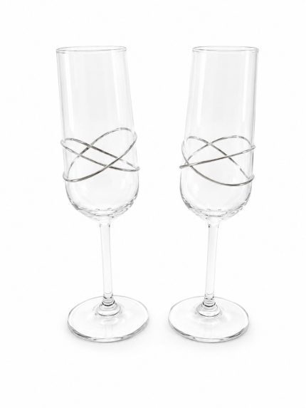 Two tall champagne flutes with a silver twisted ribbon design wrapped around the stems, side by side.