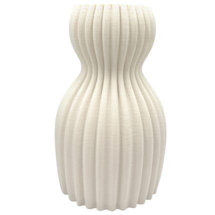 White ribbed ceramic vase with an hourglass silhouette and narrow waist.