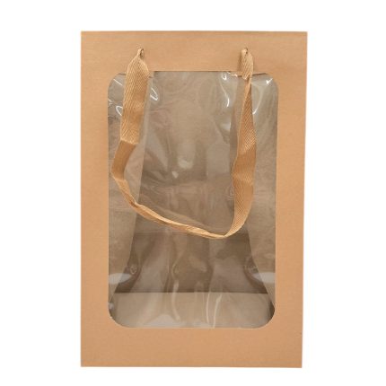 Brown kraft gift bag with a clear plastic window and tan ribbon handles