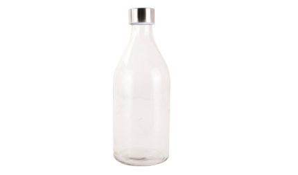 Clear glass bottle with a metal cap, empty against a white background.