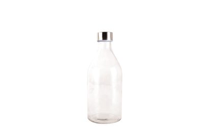 Clear glass bottle with a silver metal cap on a white background.