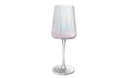 Iridescent ribbed glass table lamp with a slender stem and round base.